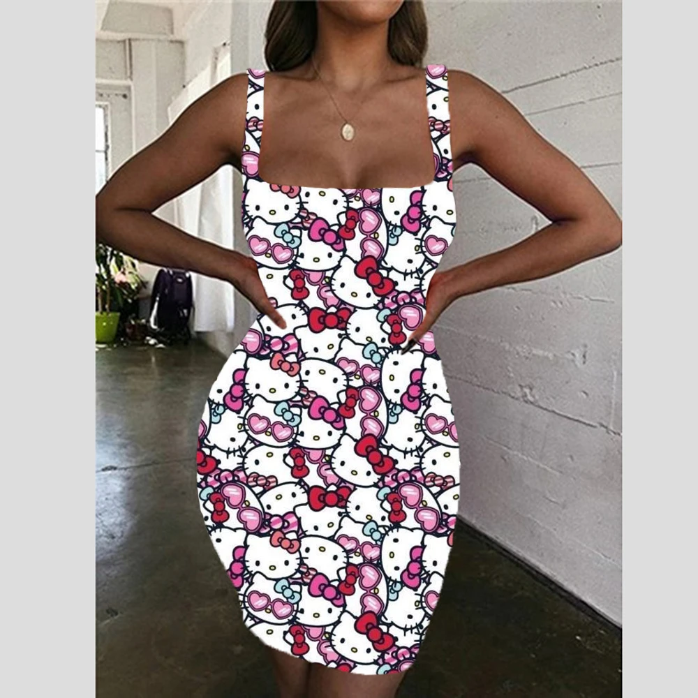 

Hello Kitty Dress Women Casual Everyday Dress Sleeveless Sling Skinny Summer Dress Sexy Girls Party Dress Beachwear Boho