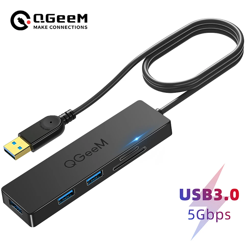 Qgeem 5-в-1 Usb 3.0-концентратор С Кард-ридером Для Ноутбуков — Многофункциональный