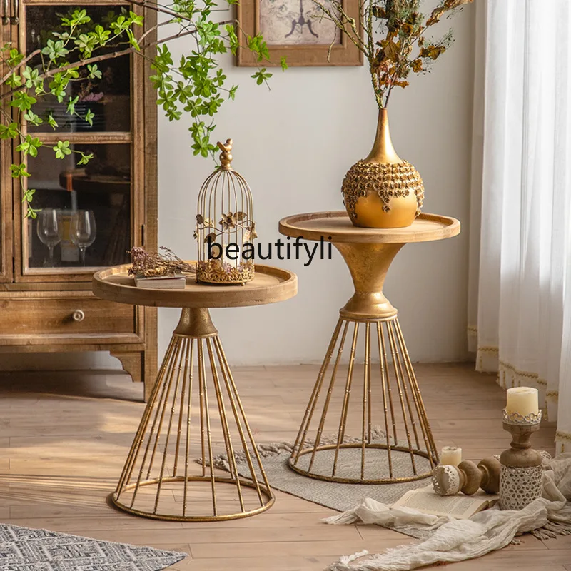 

yj American Retro Solid Wood Small round Table Side Table Balcony Leisure Coffee Table Simple Small Coffee Table