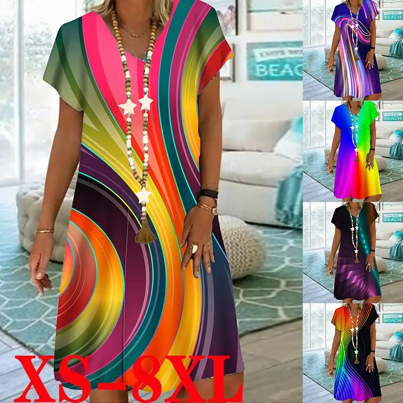 

Ladies Summer Casual Party Print Dress Loose with V Neckline Short Sleeve Fashion Dress Big Size Dress XS-6XL