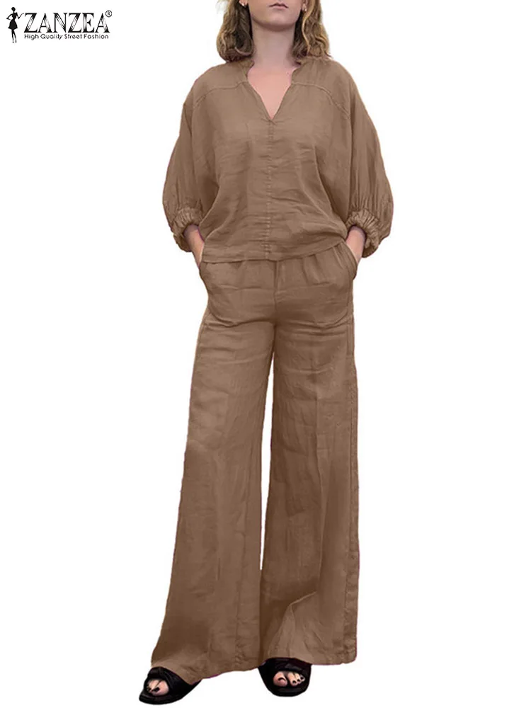 

ZANZEA Casual Solid Suit Fashion Urban Tracksuits 2PCS Puff Sleeve V-Neck Blouse Wide Leg Trousers Woman Loose OL Work Sets 2023