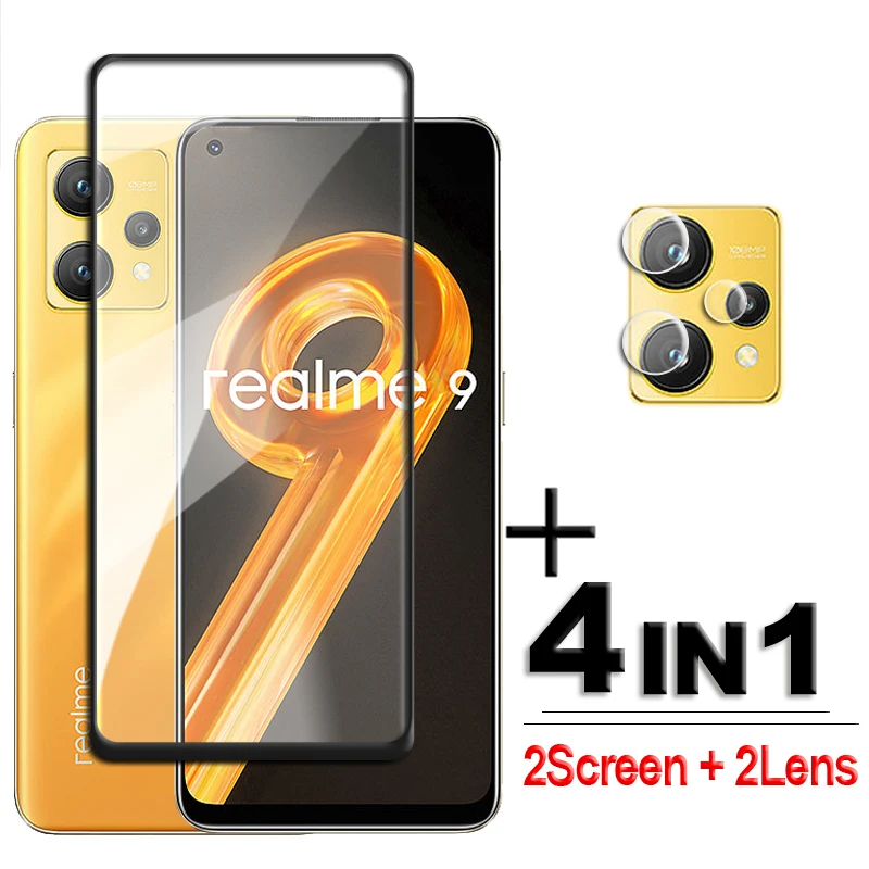 

4in1 Tempered Glass For Realme 9 4G Glass Full Glue Screen Protector Realme 9 9i 9 Pro Plus Lens Film For OPPO Realme 9 6.4 inch
