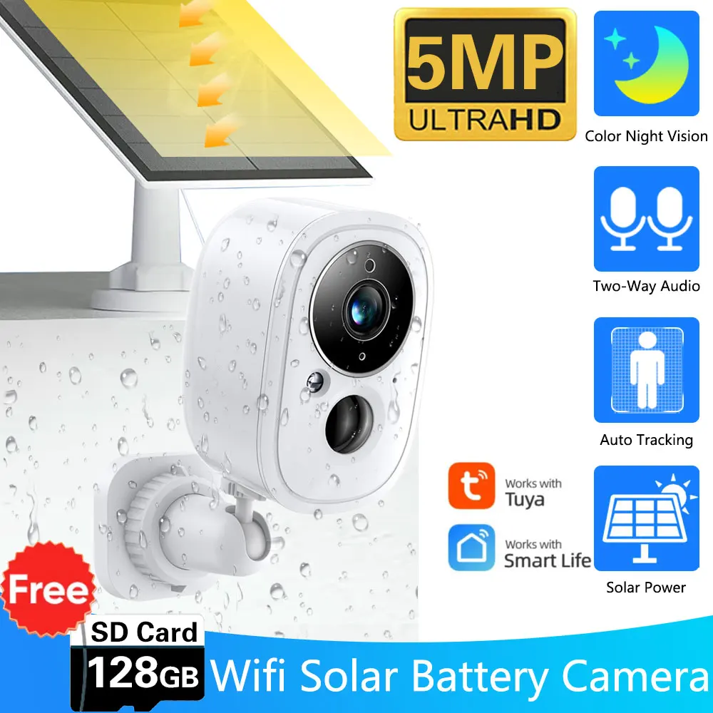 5MP Solar Panel Tuya 5200mAh Battery Outdoor WiFi Security Protection Siren Wifi Survalance Spotlight Color Night Vision Camera