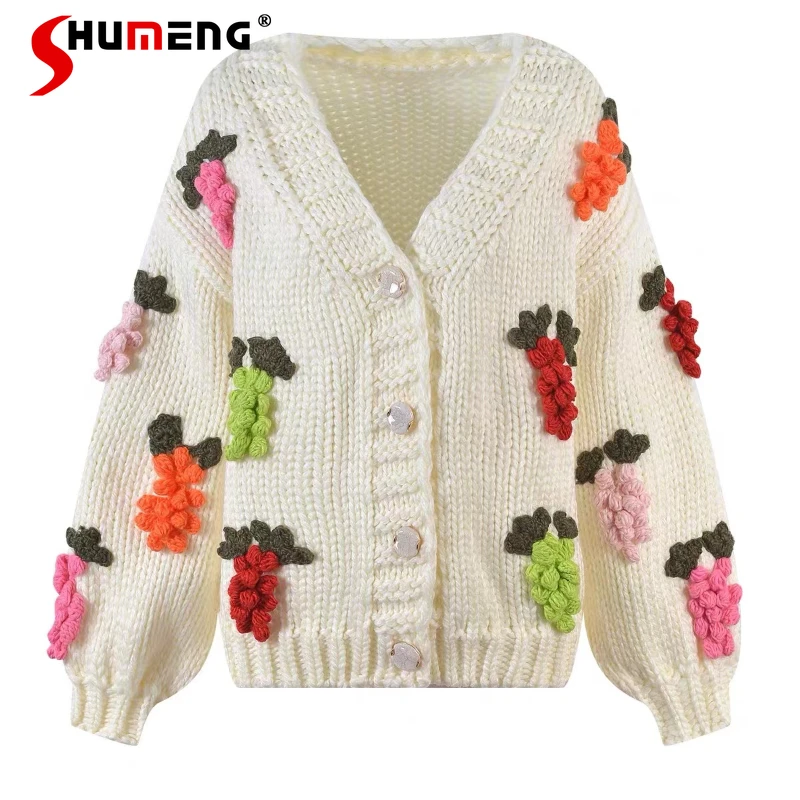 

Autumn and Winter New Retro Handmade Crocheted Knitted Cardigan for Women Loose Grape Sweater Coat Thick Cardigans 2023 Knitwear