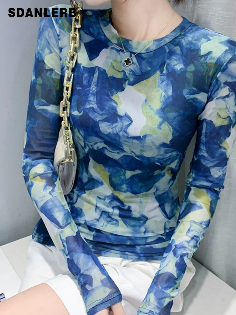 

European Station 2022 Spring Printed Mesh Long Sleeve T-shirt Round Neck T-shirt Women's All-Match Slim Bottoming Shirt Top