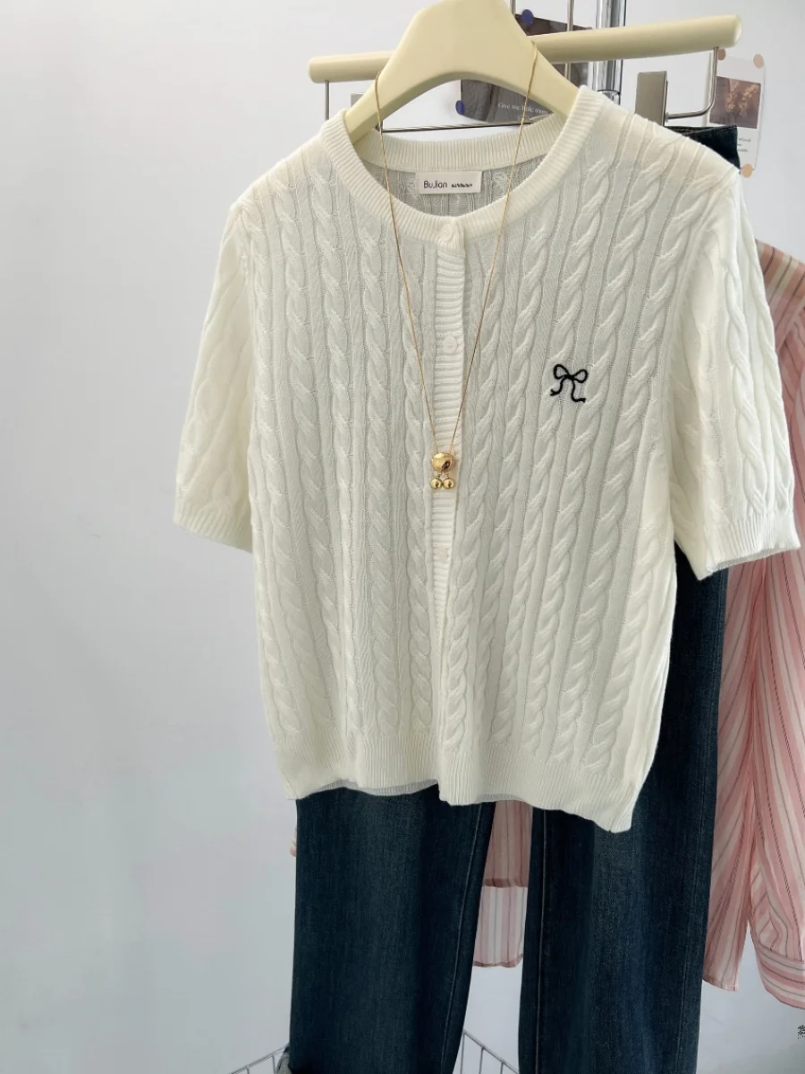 Big Brand Withdraw from Cupboard Cut the Tag off Pink round Neck Bow Embroidery Short sleeve Knit cardigan Women Summer Tempe...