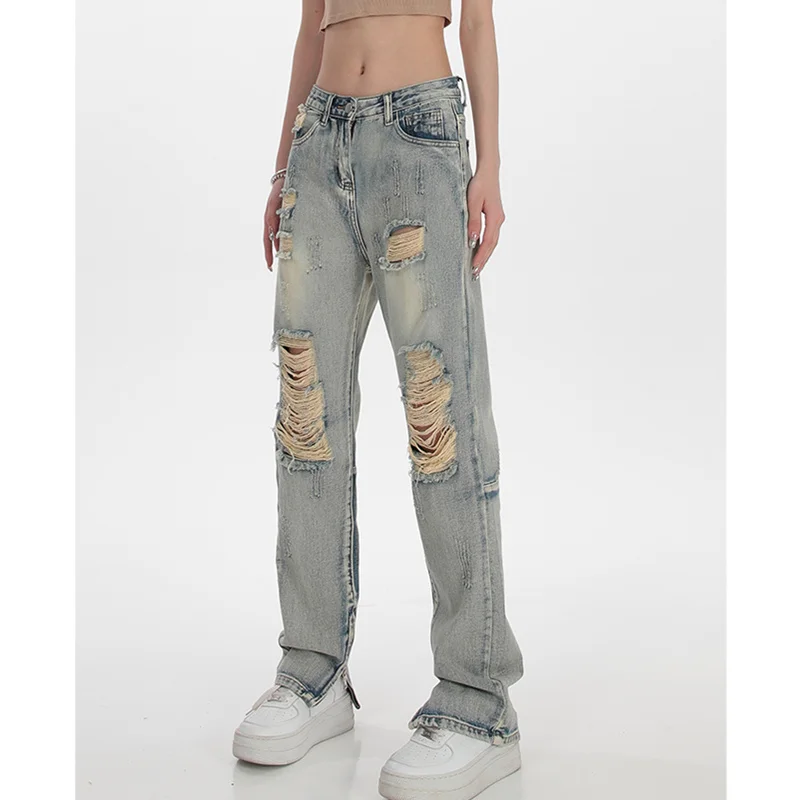 

Women's Jeans Light Blue Ripped Loose Straight High Waist Split Zipper Fashion High Street Casual Autumn Wide Leg Denim Trouser