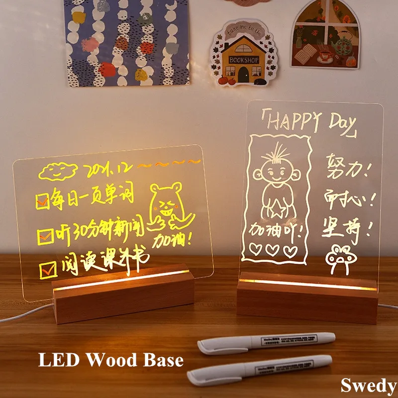 

20x30cm Led Wooden Base Display Stand With Acrylic Sheets Restaurant Bar Cafe Shop Decoration Price Sign Holder Writing Board