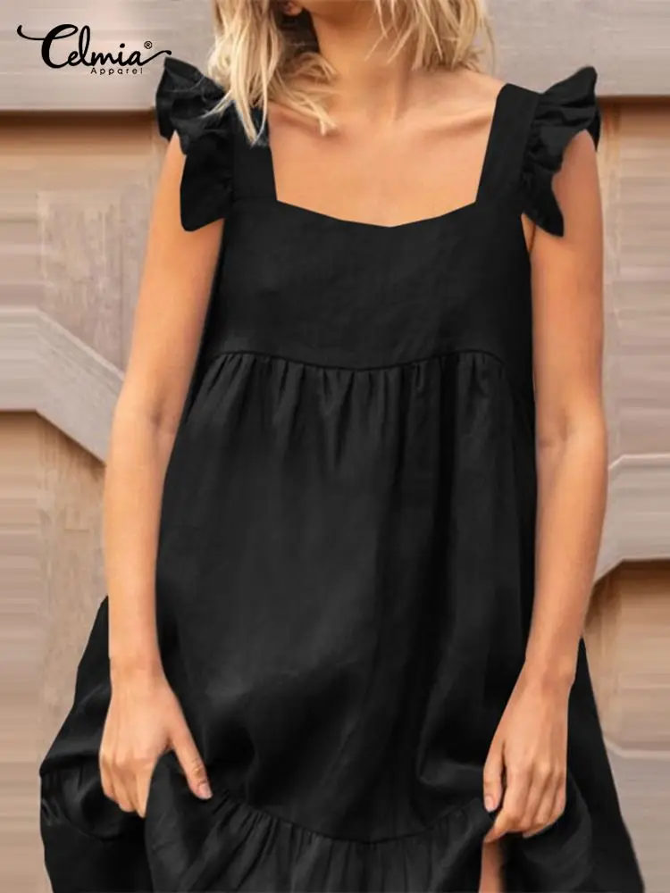

Celmia Summer Holiday Sundress Women Sleeveless Square Collar Knee Length Dress Casual Loose Gathers Stitching Ruffled Vestidos