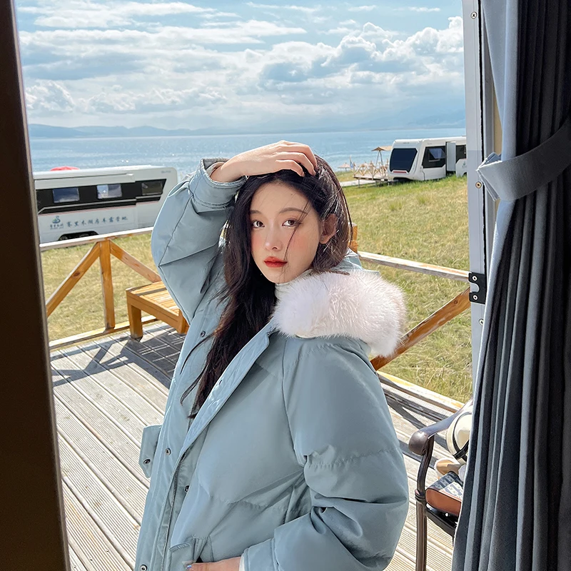 Cotton-Padded Coat 2022 New Mid-Length Fashion Solid Color Fur Pocket Hooded Parkas Winter Clothes Women