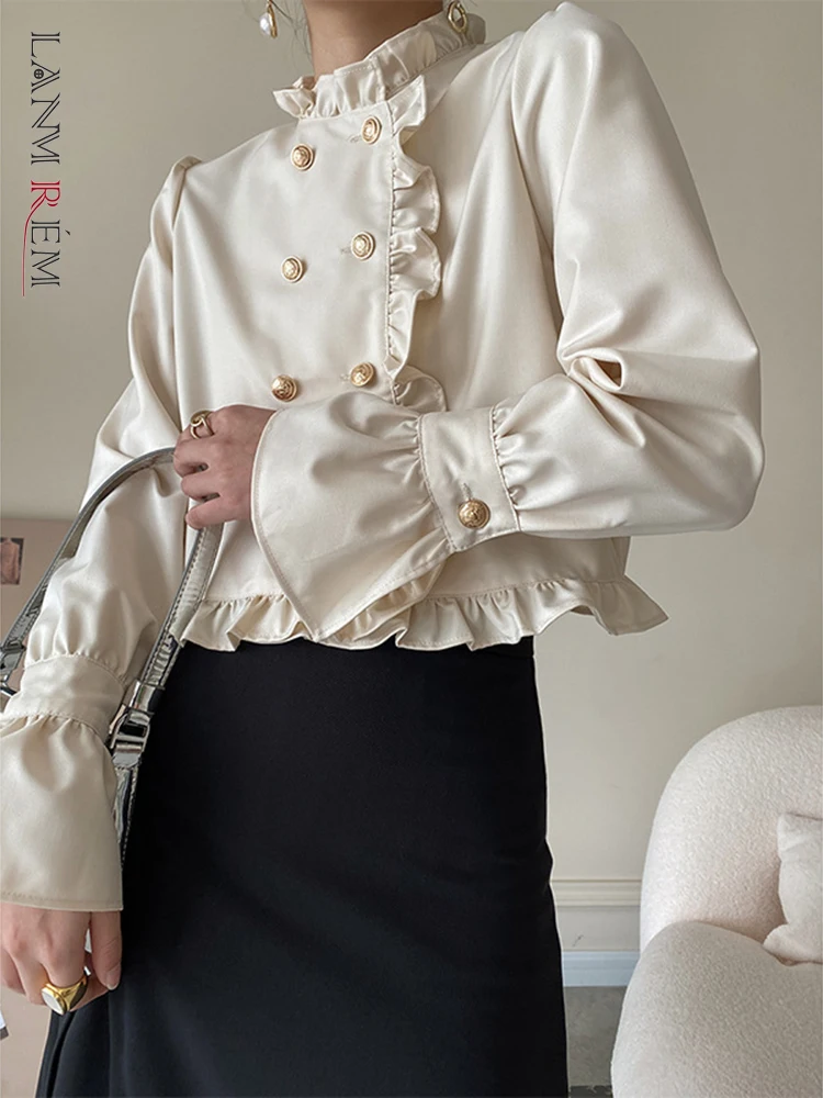 

LANMREM Double Breasted Flare Sleeve Shirt For Women Soild Color Stand Collar Tops Female Fashion Clothing 2023 Spring 2N461