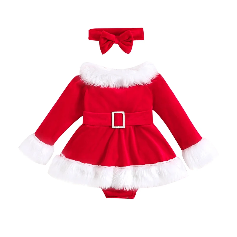 

Рождественское платье-комбинезон для маленьких девочек, 2 шт., наряды Санта Клауса, комбинезон с длинным рукавом и поясом, платье с повязкой на голову
