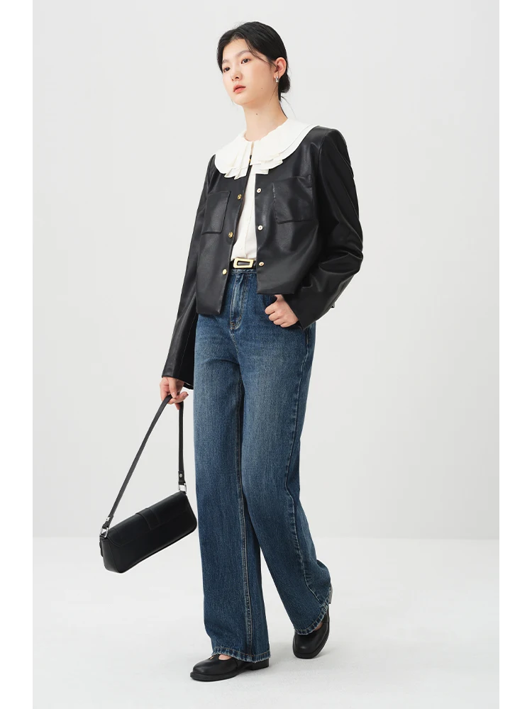 Женская короткая куртка из ПУ кожи с круглым вырезом