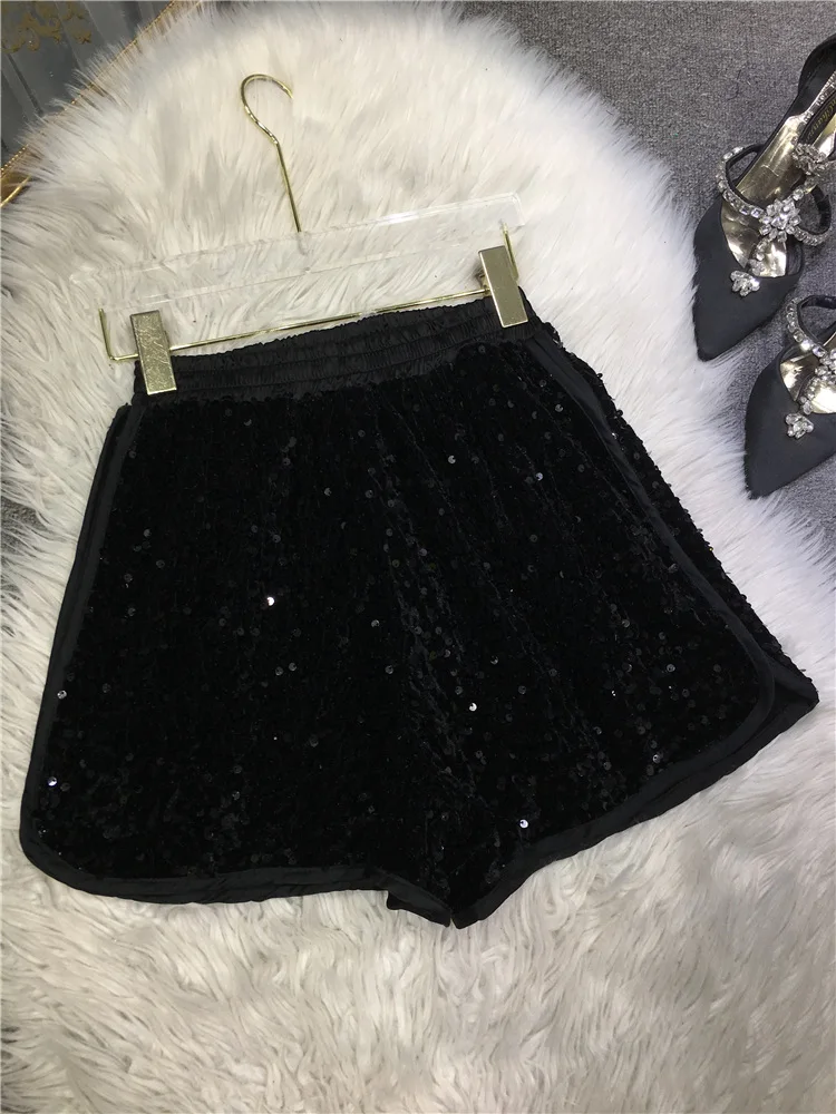 Blingbling Handmade Sequins Women Shorts All-match Elastic High Waist Sports Shorts Shiny Wide Leg Casual Pants 2023 Summer