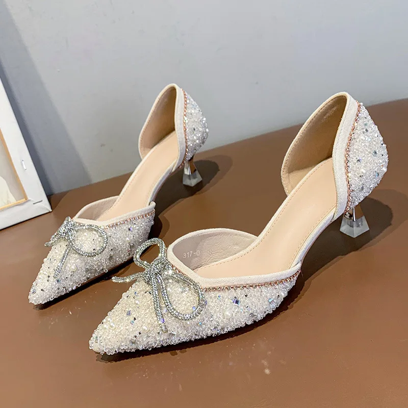 Women Wedding Shoes Pointed-toe Bow Summer Pumps For Woman Office Shoe 4cm High Heels Blingbling Female Party Shoes Heeled Shoes