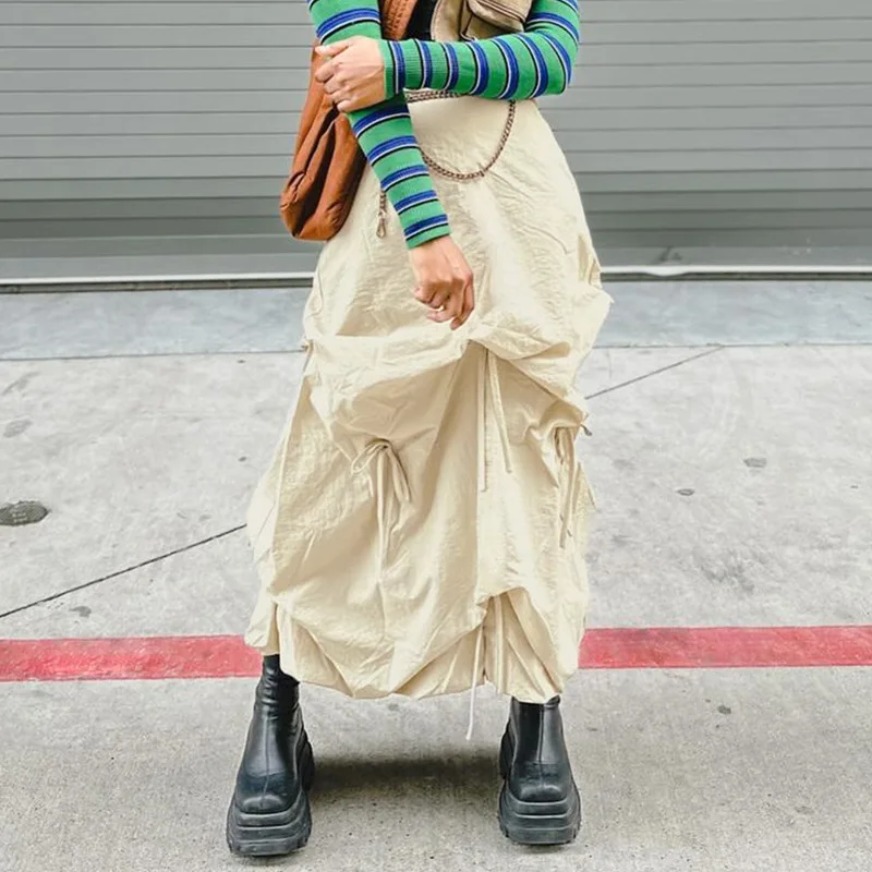 Женская юбка со складками Y2k, свободная длинная юбка с завязками и бантом, свободная юбка-карго в стиле Харадзюку с высокой талией, винтажная наряды из сказочной ткани