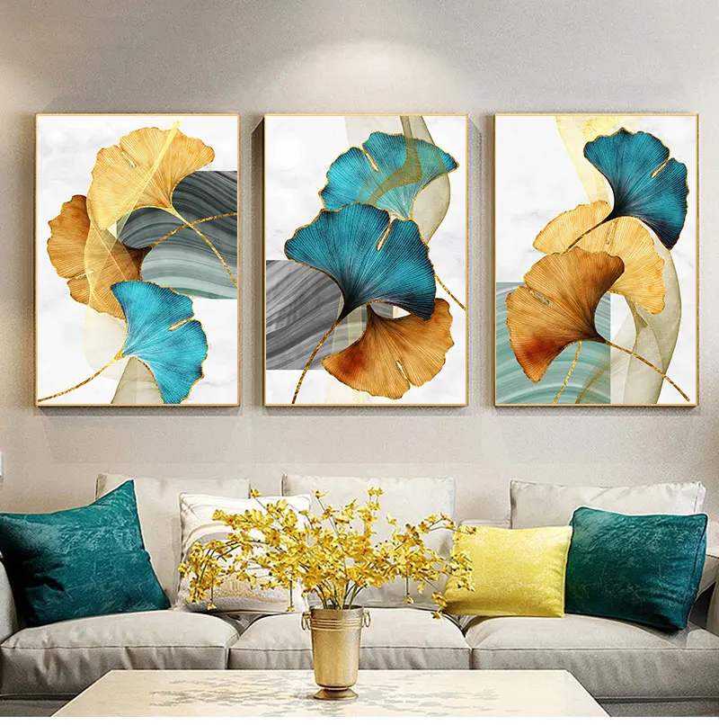 

Modern Picture Living Room Decoration Blue Green Yellow Gold Plant Leaf Abstract Nordic Canvas Print Wall Art Painting Wall Art