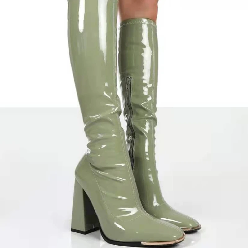 

Женские Классические сапоги до колена на квадратном каблуке, сапоги из искусственной кожи на молнии, вечерняя Классическая танцевальная об...