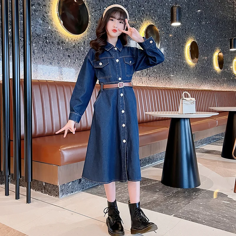 Демисезонное платье для девочек детское джинсовое длинное модная детская одежда