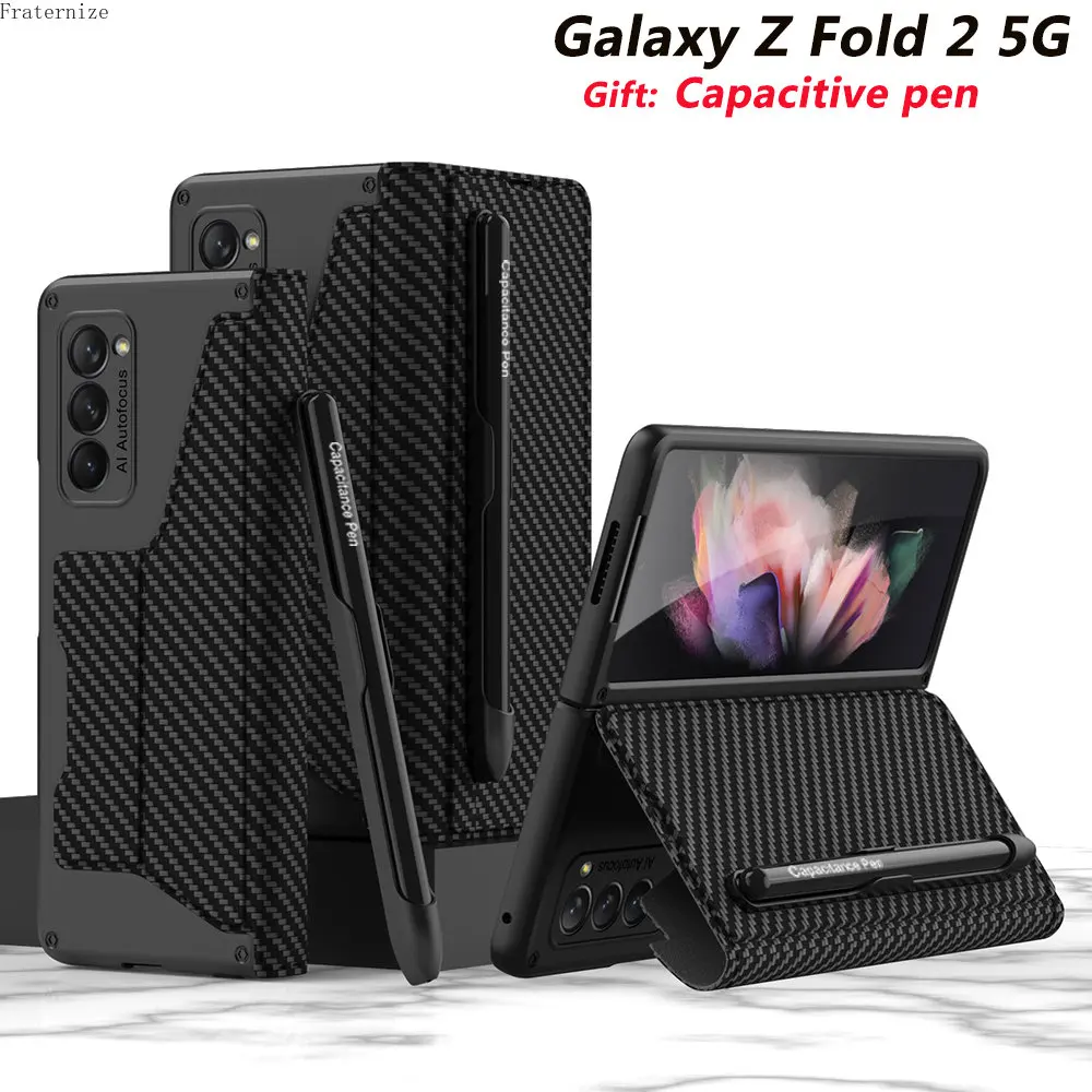 

Luxury Leather Case for Samsung Galaxy Z Fold 2 5G Capacitive pen Flip Folding carbon design Full Protective Cover accessories