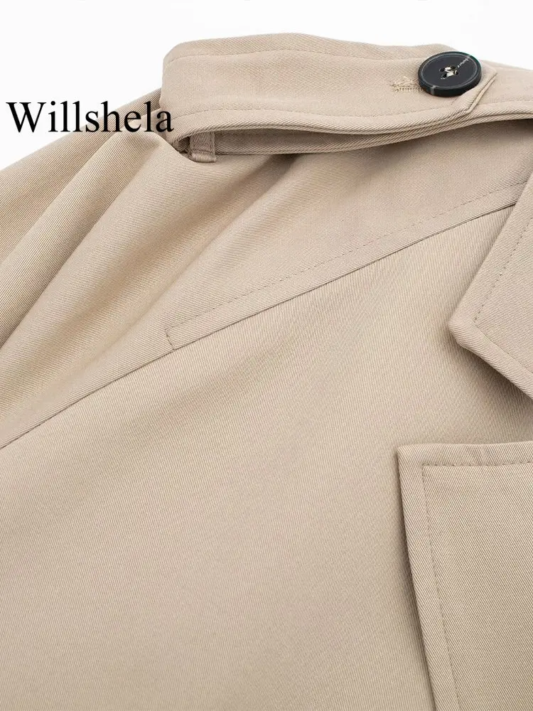 Willshela Women Fashion With Belt Cropped Trench Jacket Vintage Notched Neck Long Sleeve Female Chic Lady Coat Outfits images - 6