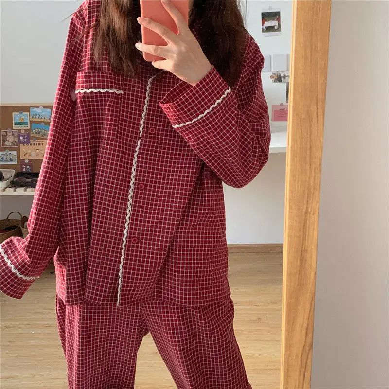 Japanese Pajama Women Long Sleeved Autumn Winter Sleepwear Set Red Plaid Pyjamas Girls Home Clothes for Female 2021 Homewear