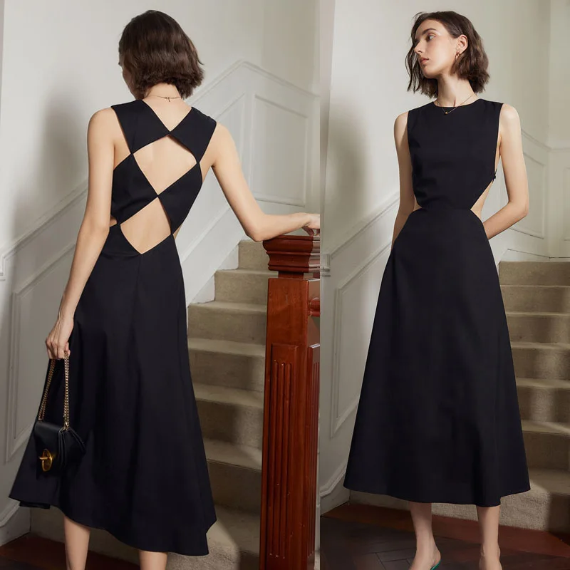 

2023 New women's Dresses Free shipping Sexy Backless Sleeveless Black Long skirt Summer Promotion French style dress for women
