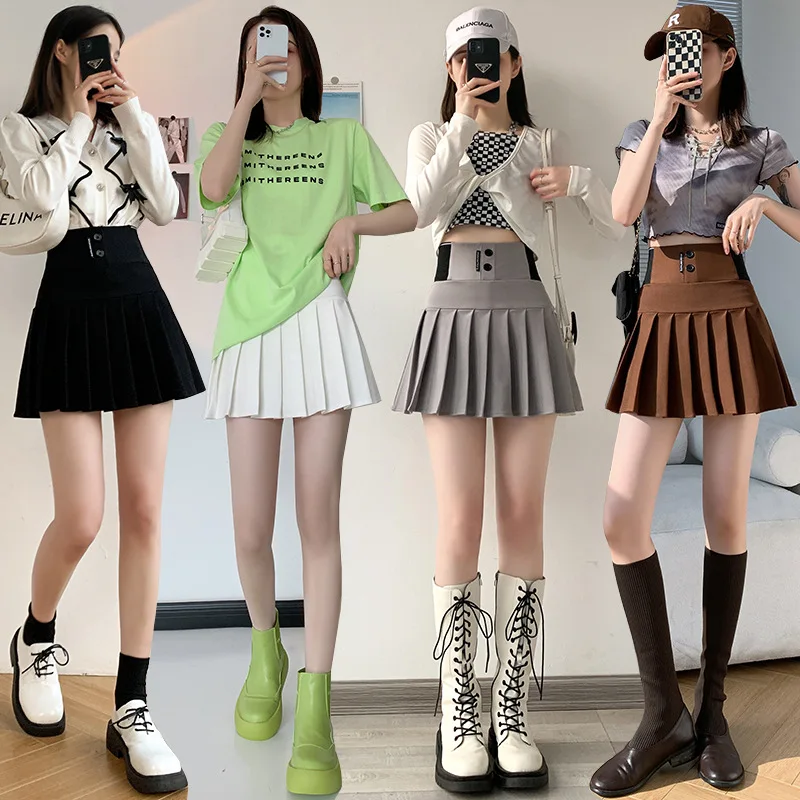 

MOVOKAKA Ladies Y2K All Season Elastic Pleated Skirts Women High Waist Button Letters A-line Skirt Girls Kawaii Solid Sexy Skirt