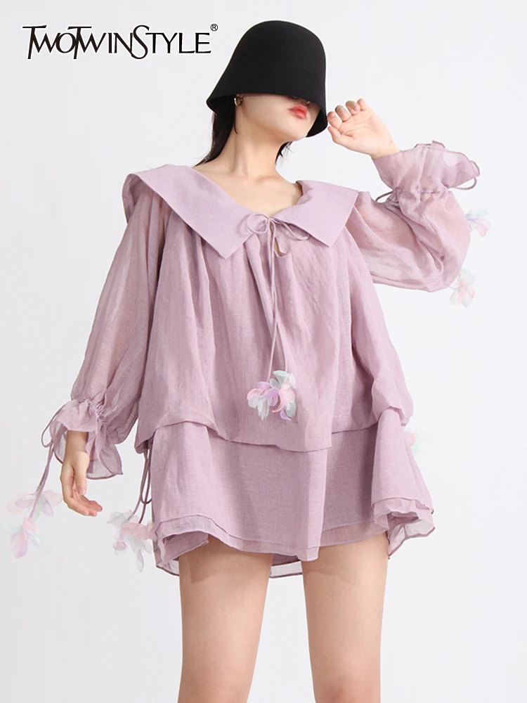 

TWOTWINSTYLE Summer Dresses For Women Slash Neck Lantern Sleeve High Waist Spliced Lace Up Dress Female Fashion Clothing 2023