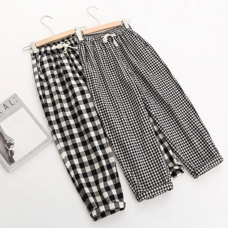 

Black White Plaid Pants for Women Cotton Summer Drawstring Waist Ankle-length Trousers Loose Fashion Vintage Women's Harem Pants