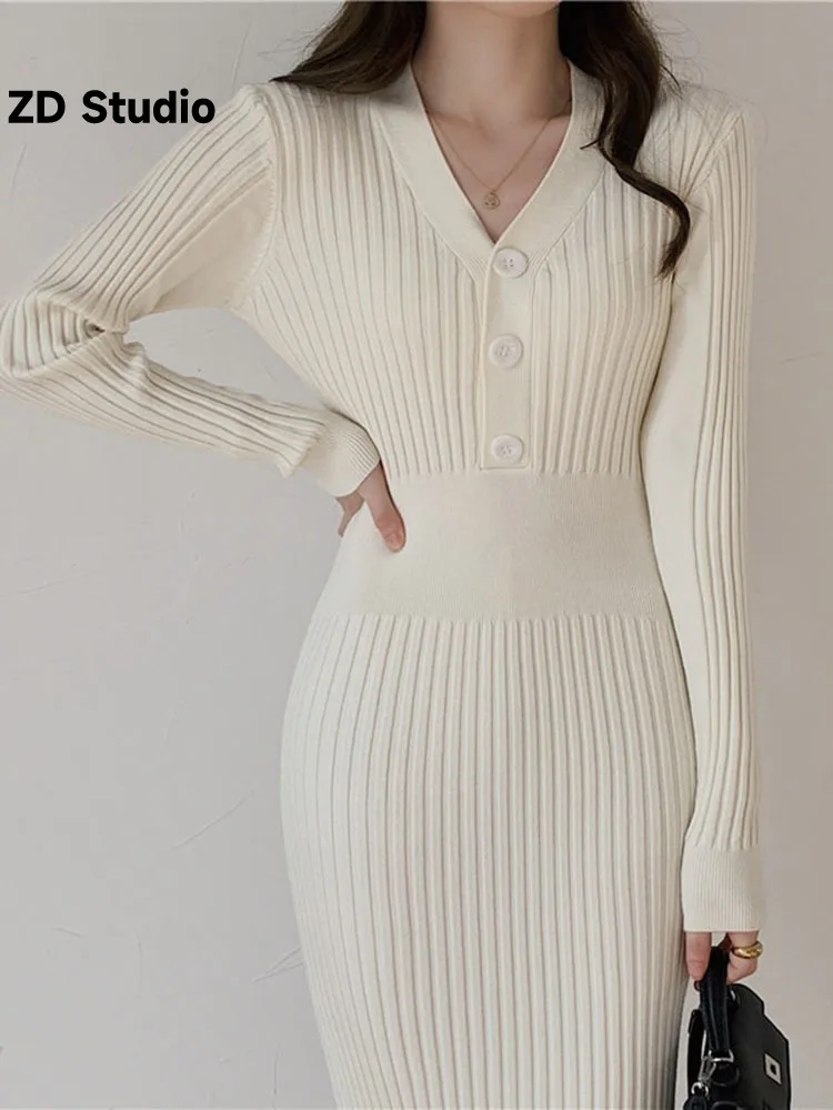 

[ZD Studio] French Long Skirt Thin High Sexy Tight Hip Wrap Sleeve Slim Knit Dress For Women In Autumn Winter