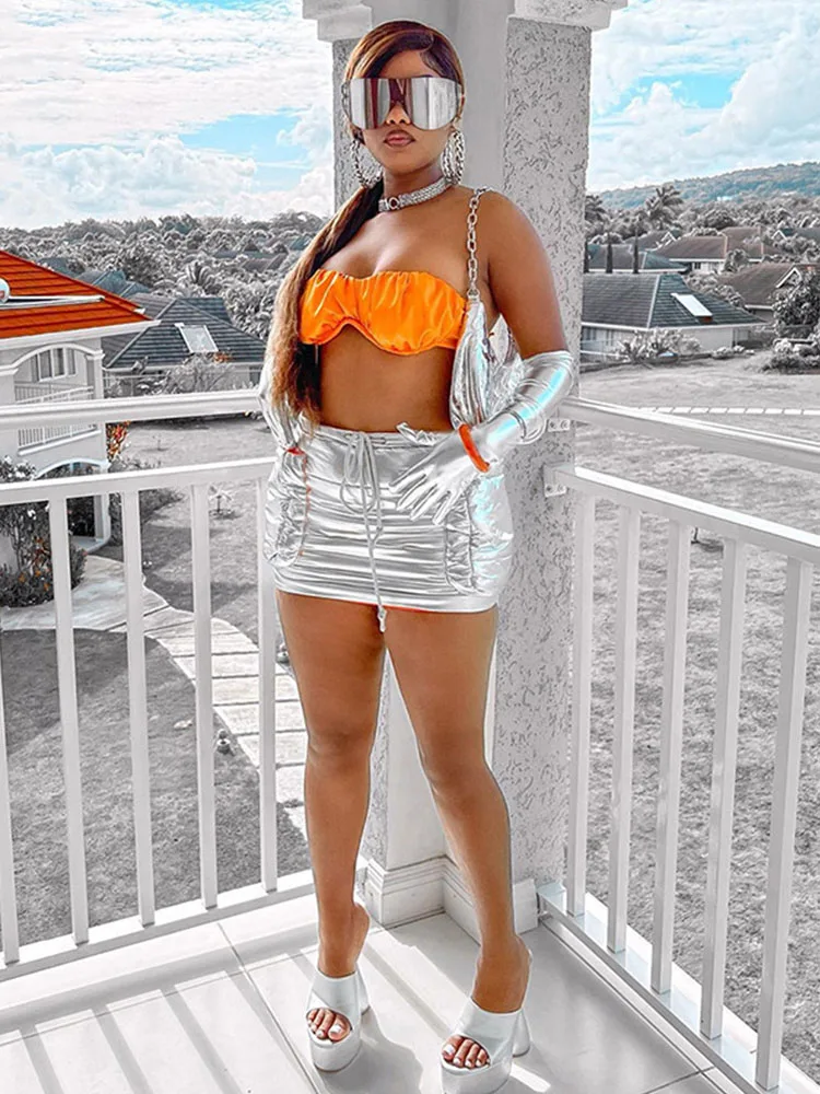 

Sexy Shiny Bandage Quilted Hip Skirt Women Summer Fashion Pockets High Waist Solid All-Matching New Female Streetwear Clothing