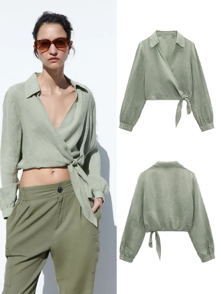 

Новинка лета 2023, Женская универсальная куртка с длинным рукавом и двойным воротником, с эластичным поясом, декоративная льняная короткая рубашка