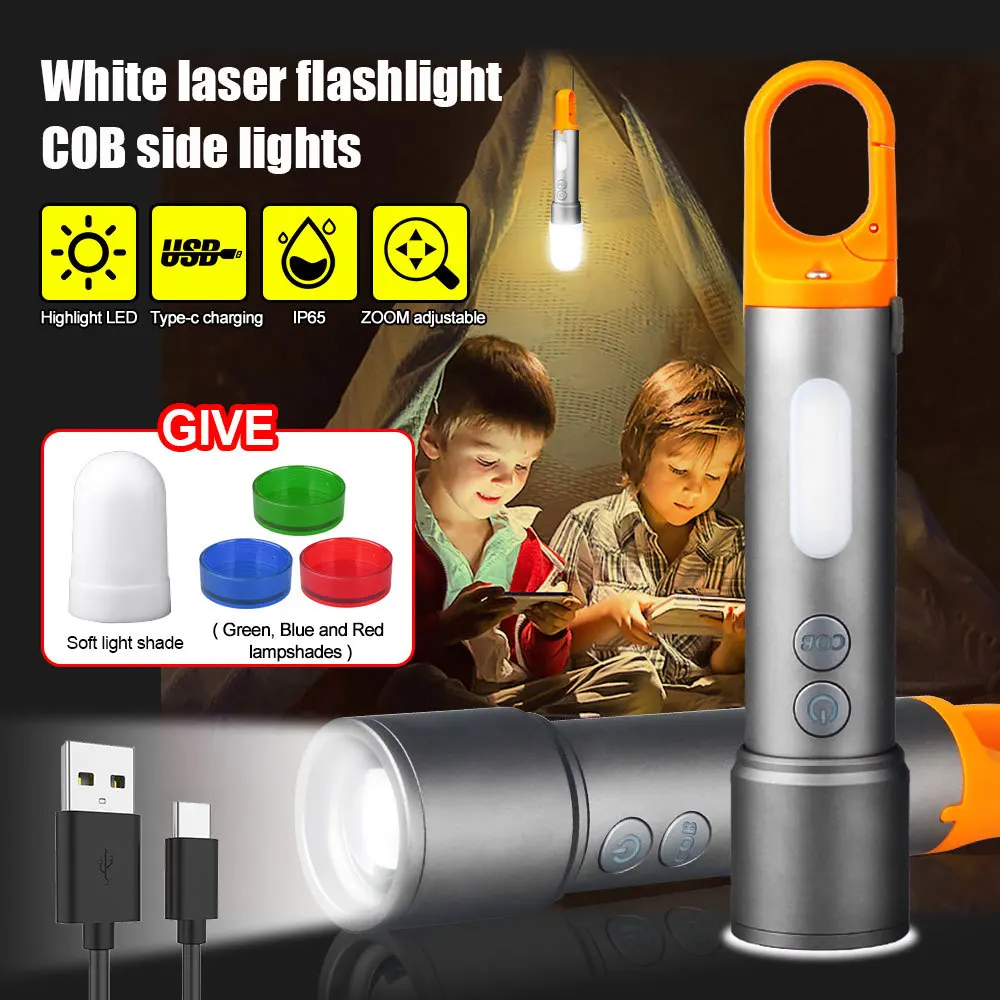 9Modes 4 light source LED flashlight telescopic zoom flashlight USB charging hunting light camping lantern with side light,hook