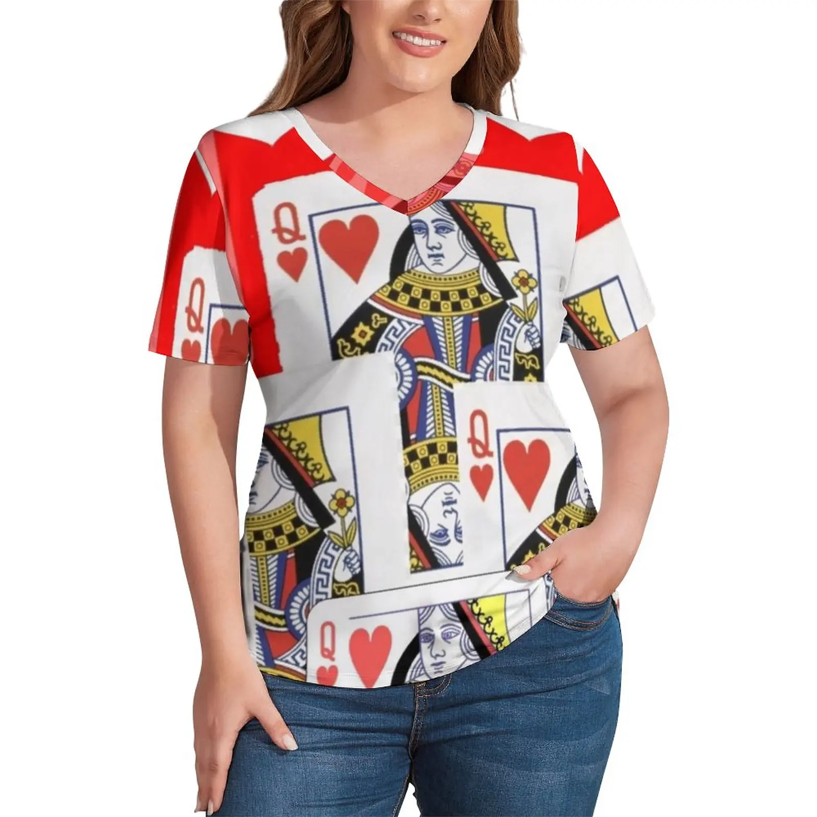 

Poker Cards T-Shirts Red Queen Heart Korean Fashion V Neck T Shirt Cool Plus Size Tee Shirt Summer Print Tops Birthday Present