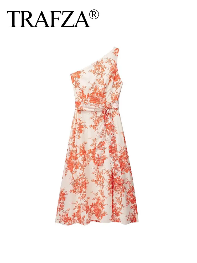 

TRAFZA 2023 Women Summer Elegance Dresses Orange Print Belt Inclined Shoulder Belt Sleeveless Zipper Female Bohemian Dresses