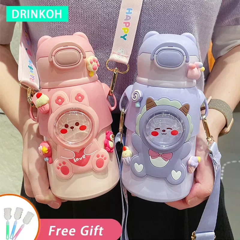 

NEW2023 Cute Girls Water Bottle Kawaii Portable Thermal Tumbler Stainless Steel Vacuum Flasks 520ml Straw Insulated Cup Children
