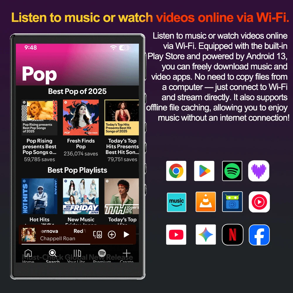 Фото MP3-плеер Famue BF85 с Wi-Fi, 4,3-дюймовым экраном, Android 13, встроенным Play Store, 4 ГБ оперативной памяти, поддержкой Spotify, Deezer и Amazon Music. №2