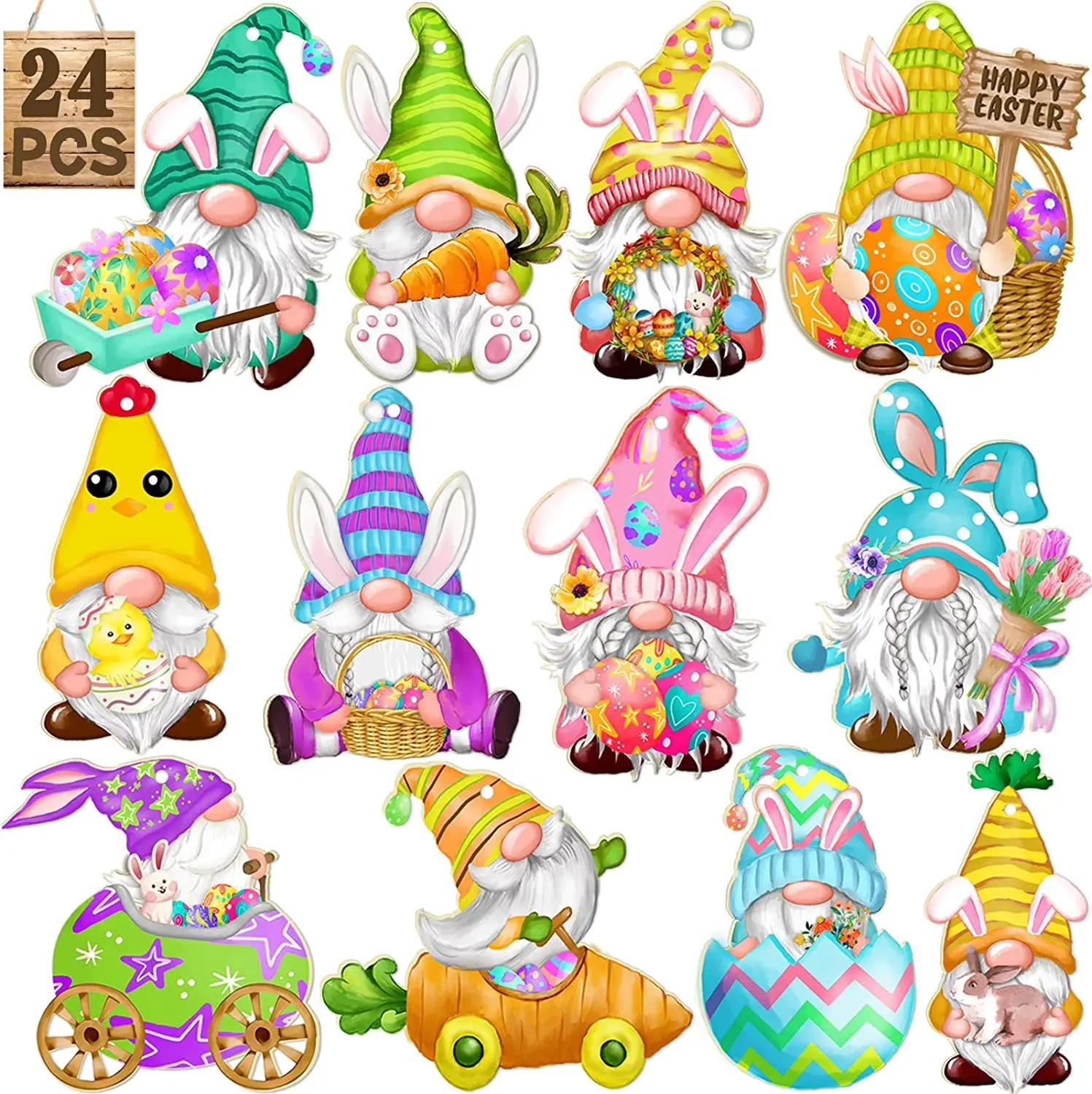 

24pcs Easter Wooden Chips Decorative Pendants Dwarf Rabbit Egg Density Board Pendants Happy Easter Party Decoration For Home