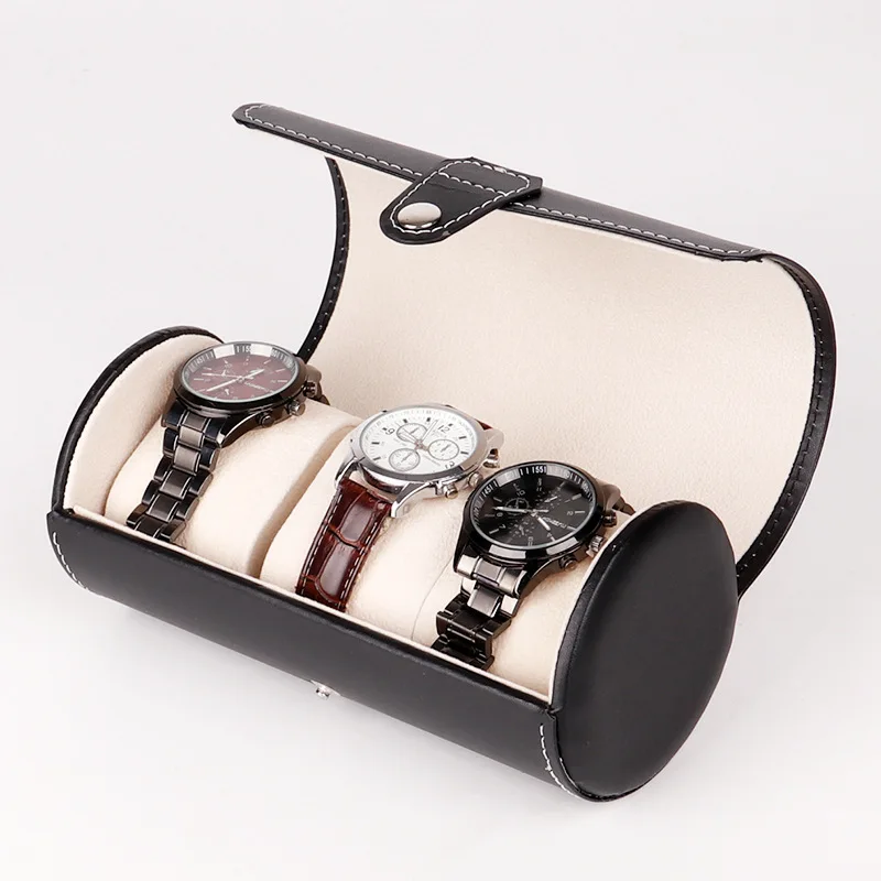 3 Slots Premium Leather Cylinder Watch Storage Display Box  with Latch Watches Jewelry Organizer Box for Women Men Watch Display