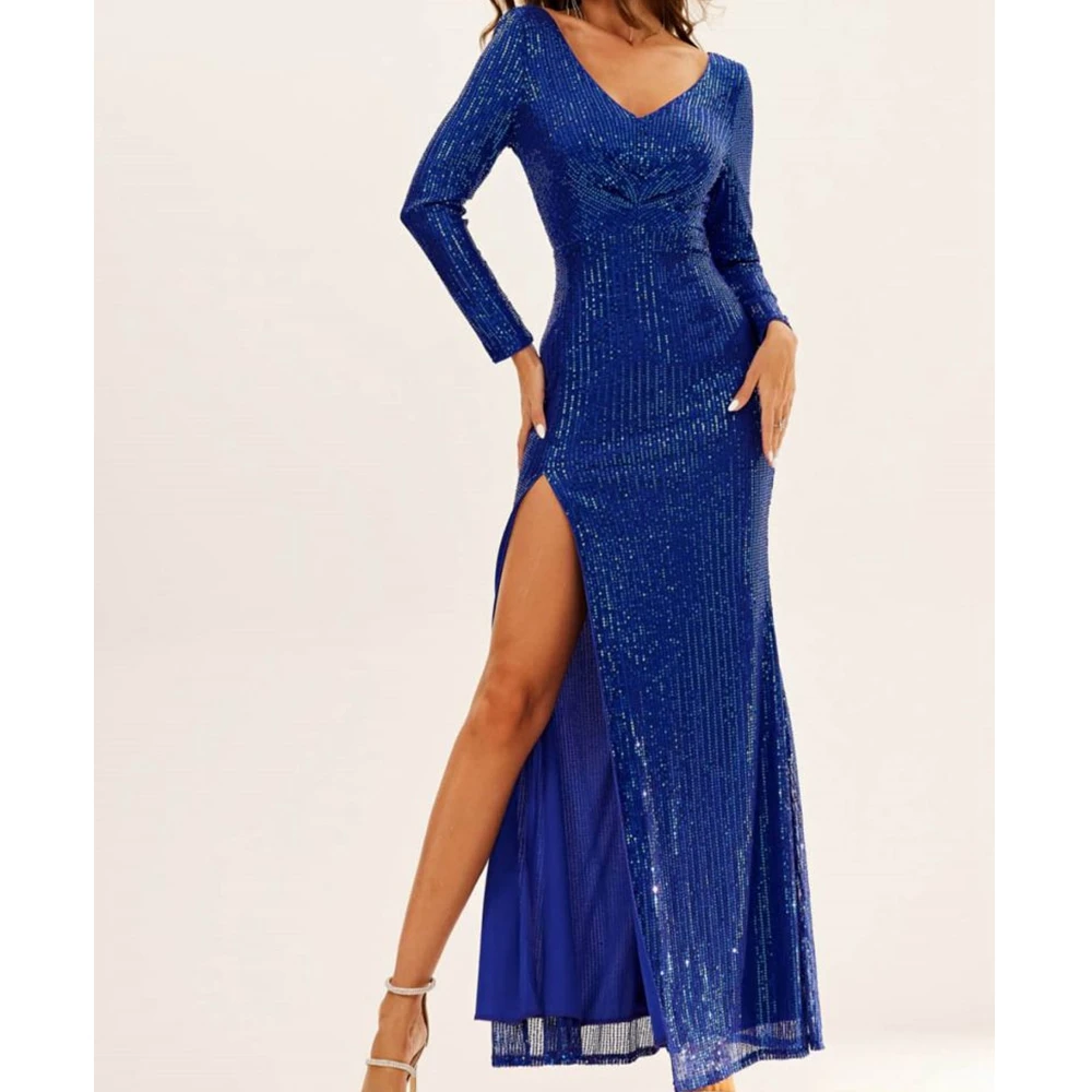

Wepbel Slim Long Wedding Banquet Dress Solid Color Sequined Party Dress Women Long Sleeve V-neck Full Length Split Long Dress