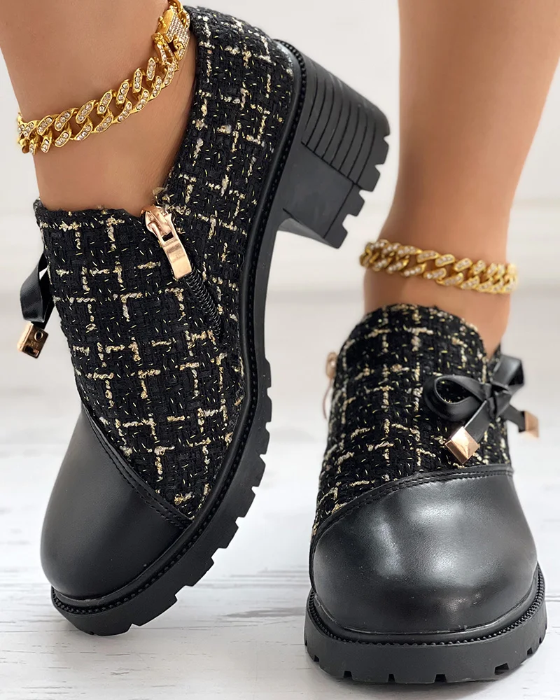 Women Fashion Low Heel Round Toe Solid Color Shoes Tweed Patch Bowknot Decor Chunky Heel Loafers