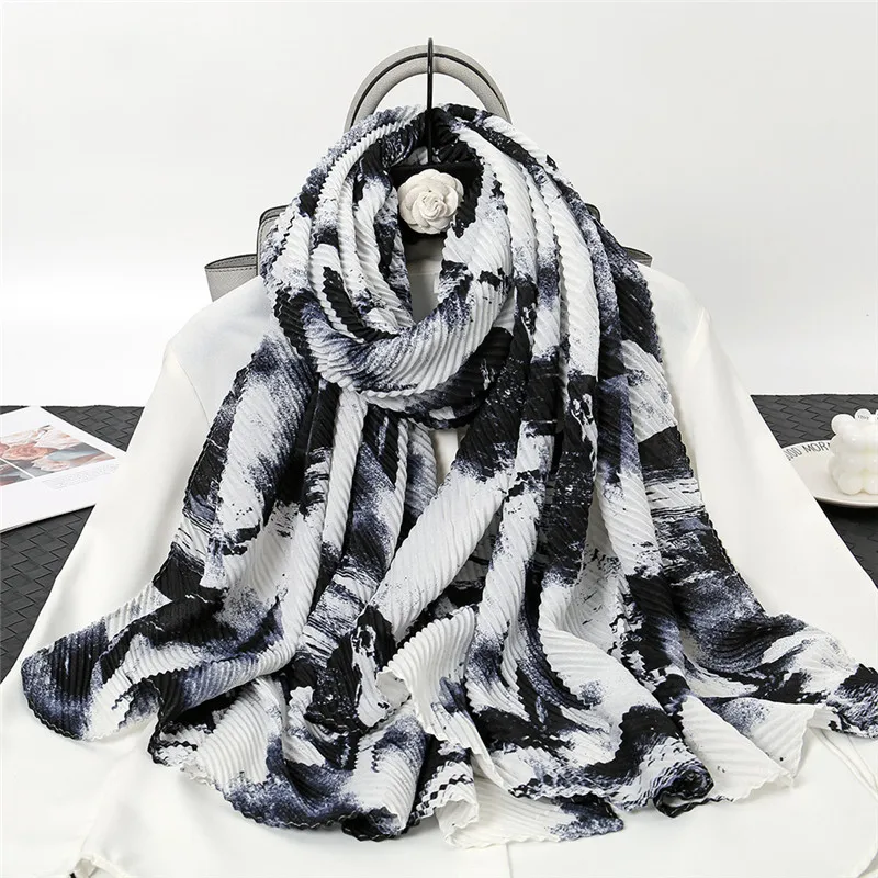 

New Luxury Brand ink Painting Floral Wrinkle Viscose Shawl Scarf Lady High Quality Wrap Pashmina Stole Bufandas Muslim Hijab Cap