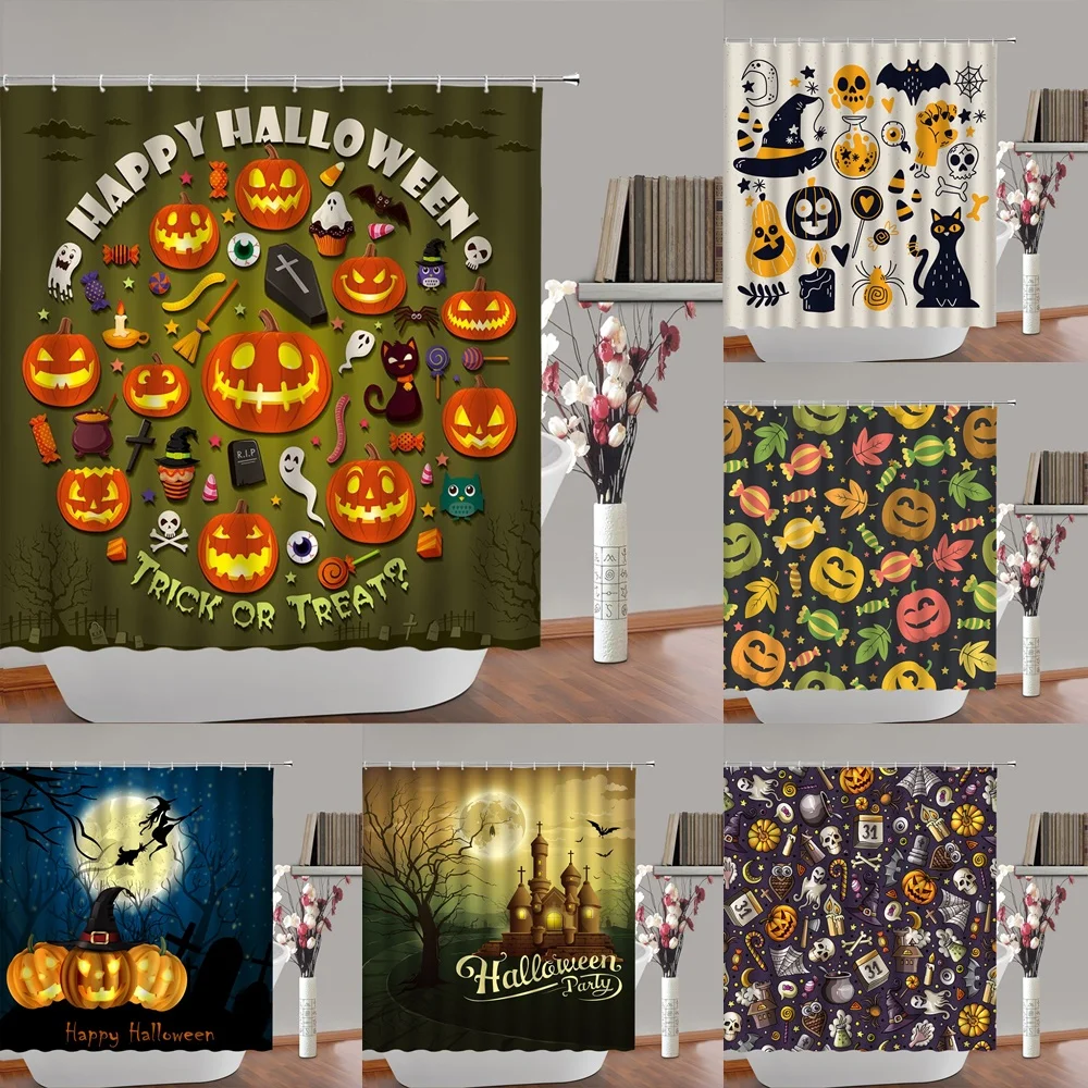 

Halloween Shower Curtain for Bathroom Pumpkin Black Cats Kids Bat Spider Maple Leaves Wizard Hat Cute Ghost Fabric Bath Curtains