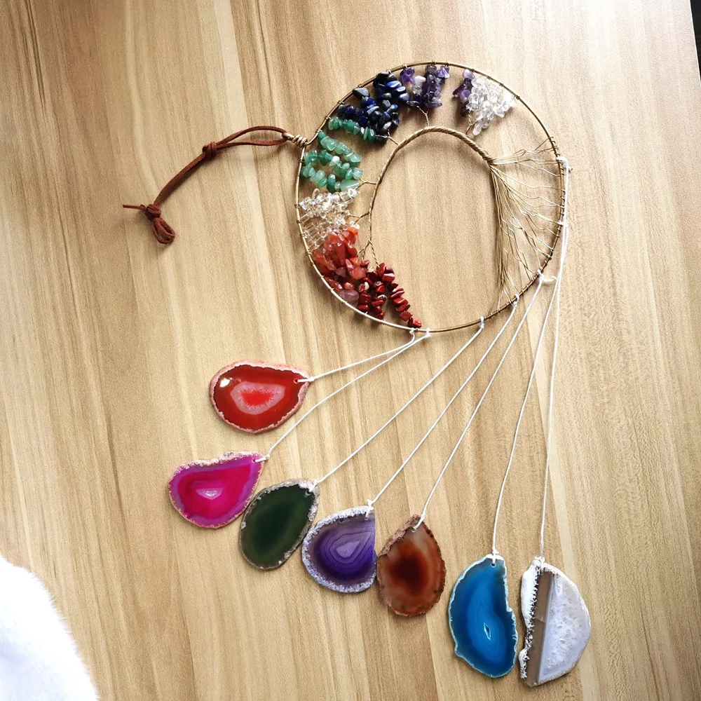 Natural Gravel Tree Of Life Braid Car Ornament With Tassel Agate Slice Colorful Mineral Crystal Curtain Hanging Home Decoration