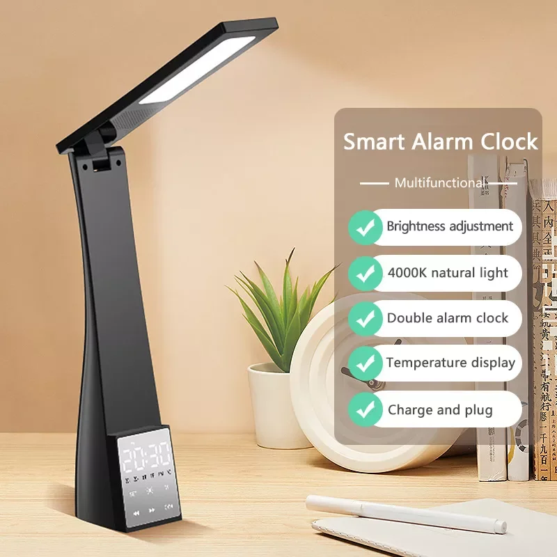 

2021 New Smart LED Desk Lamp With Bluetooth-compatible Speaker Alarm Clock Temperature USB 4-Level Dimming Foldable Table Lamps