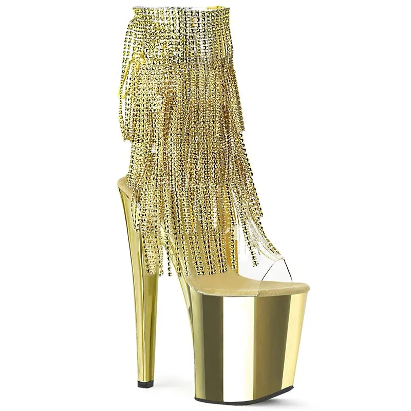 

Gold Open Toe Fringe Stripper Heels 20Cm Rhinestone Pole Dance Shoes Nightclub Sexy Fetish Exotic Dancer Platform Ankle Boots