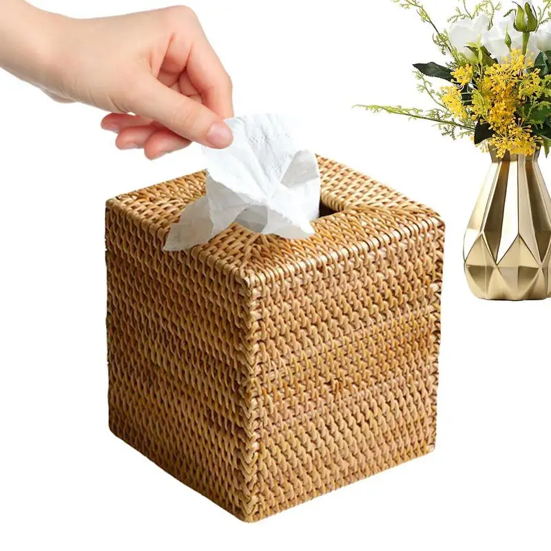 

Rattan Tissue Box Cover Boho Woven Tissue Holder Boho Decorative Woven Facial Tissue Holder For Toilet Offices Dining Table Car