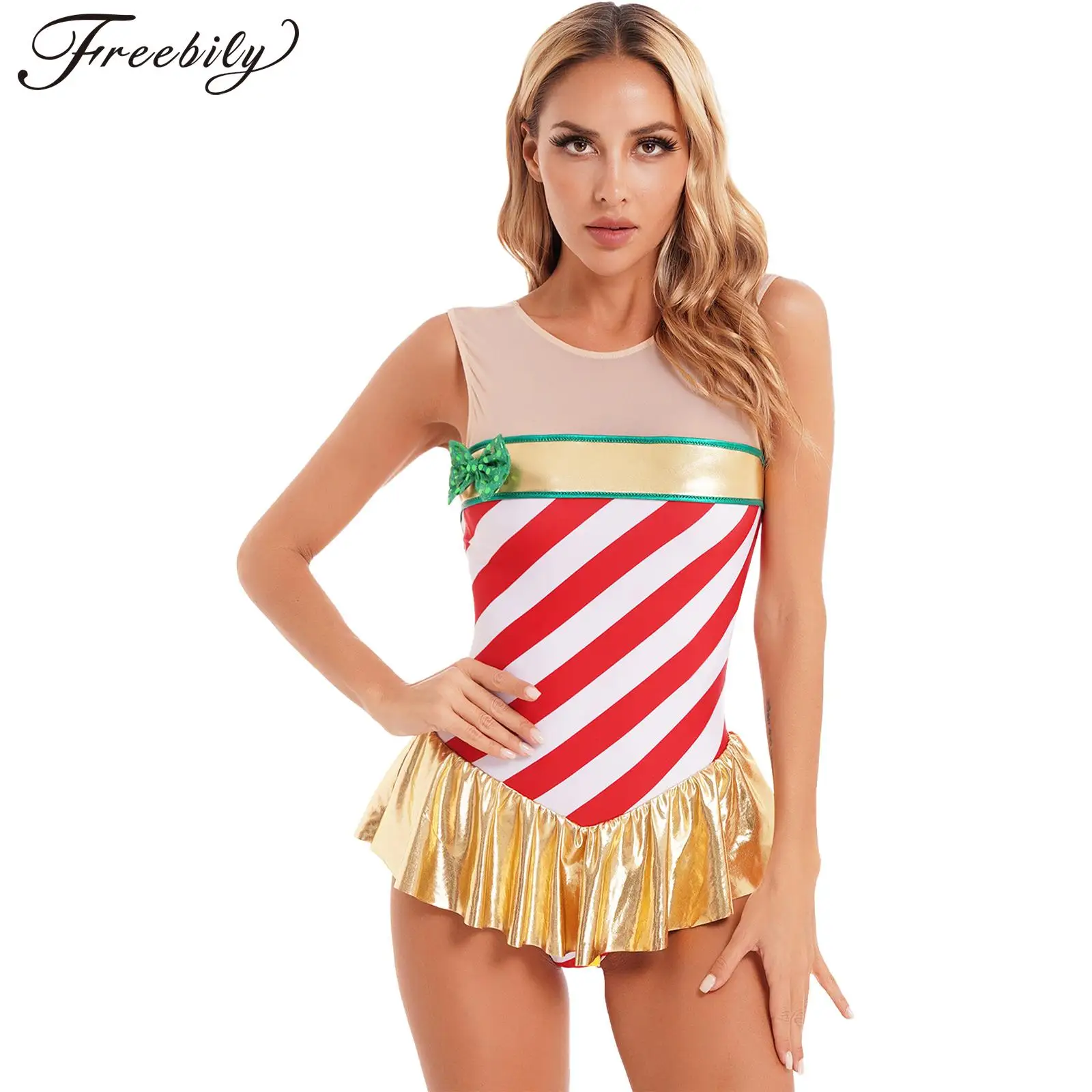 

Женское рождественское танцевальное платье, балетное, катание на коньках, гимнастический костюм для выступлений, без рукавов, полосатый ку...