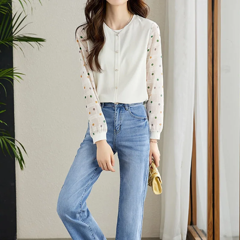 Женская Офисная однобортная блузка офисная с круглым вырезом и волнистым